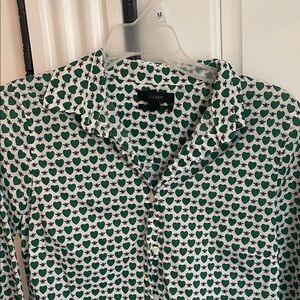 J. Crew White and Green Bee and Heart Pattern Button Up Shirt